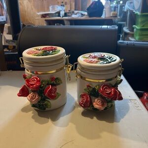 Set Of 2 Vintage Hand Painted KMC Ceramic 3D Roses Canister